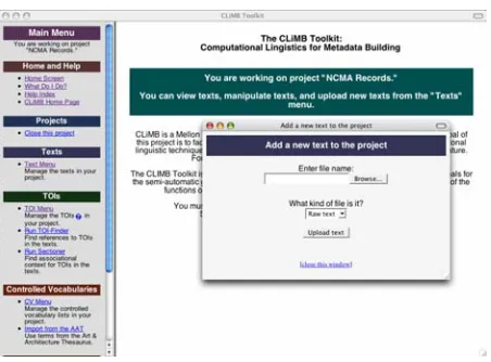Figure 2. Text loading page of the CLiMB ToolKit 