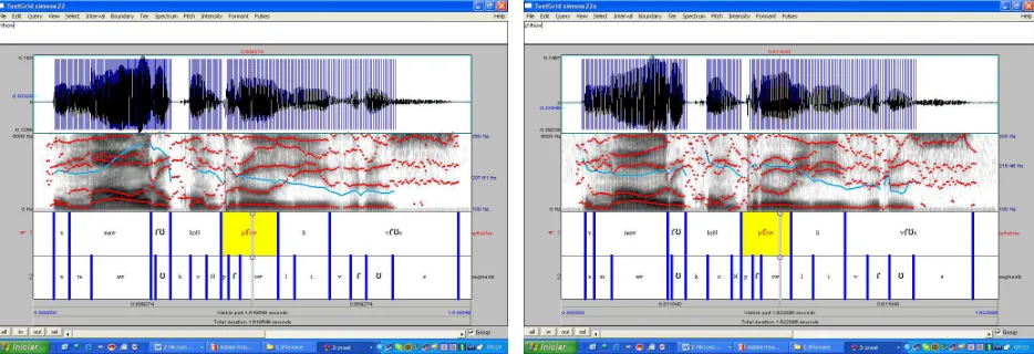 Figure 2: Annotated Brazilian Portuguese sentence: O Mauro comprou livros. ‘[the] Mauro bought books.’ in focussed(left) and neutral (right) contexts, showing different temporal patterning.