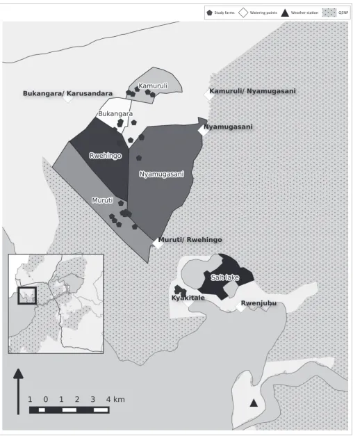 FIGURE 1: Study site in western Uganda showing location of study farms, communal grazing areas and watering sites