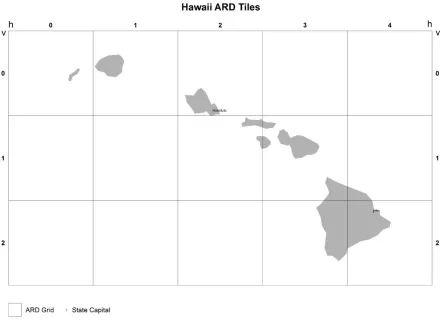 Table 2. CONUS, Alaska and Hawaii ARD tile grid coordinates summary. Each tile is west (horizontal) tile coordinate, v is the tile vertical (north-south) tile coordinate, ulX and ulY composed of 5000 × 5000 30 m pixels in the Albers projection (Table 1) where h is the tile east-are the upper left tile corner Albers coordinates, lrX and lrY are the lower right tile corner Albers coordinates 