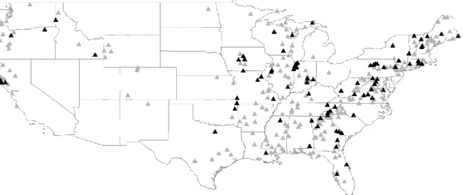 Figure 9: Location of the catchments where either the spatial or spatiotemporal parameter  transfer scheme performs best (Black triangles)