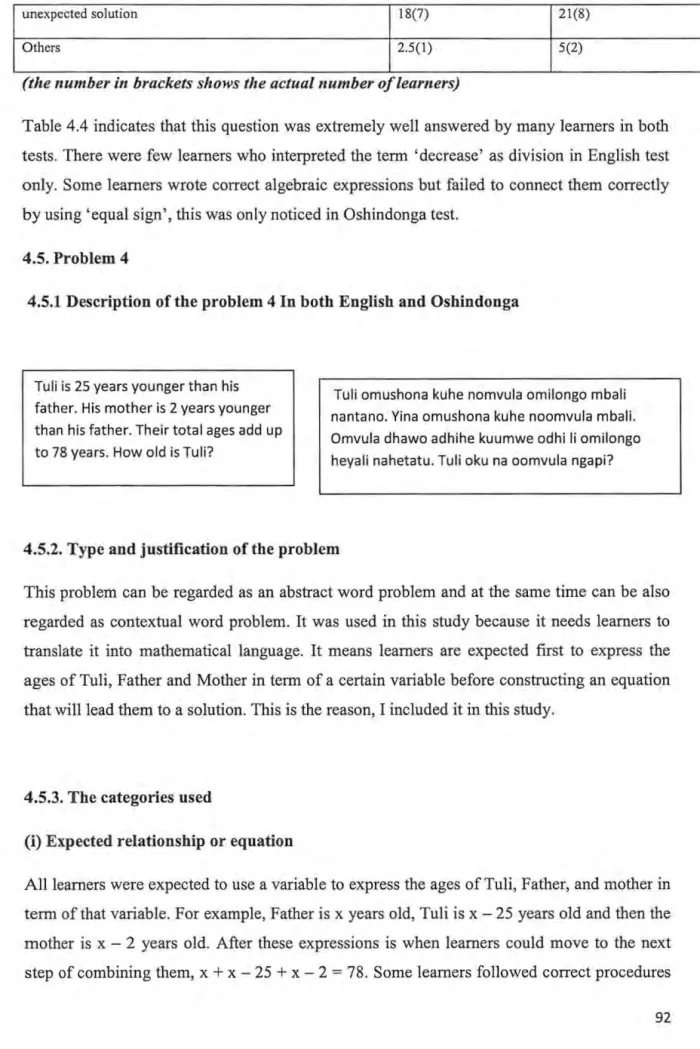 Table 4.4  indicates  that this question was  extremely well  answered  by many  learners  in  both  tests