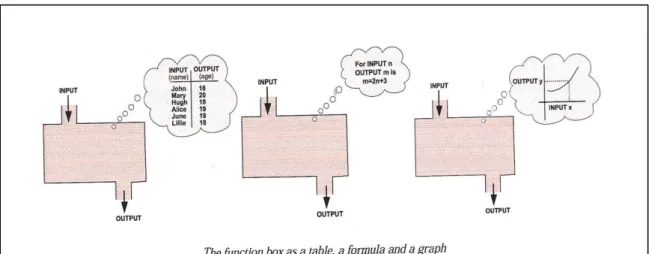Figure 2.6: The function machine/box as a table, a formula and a graph. 