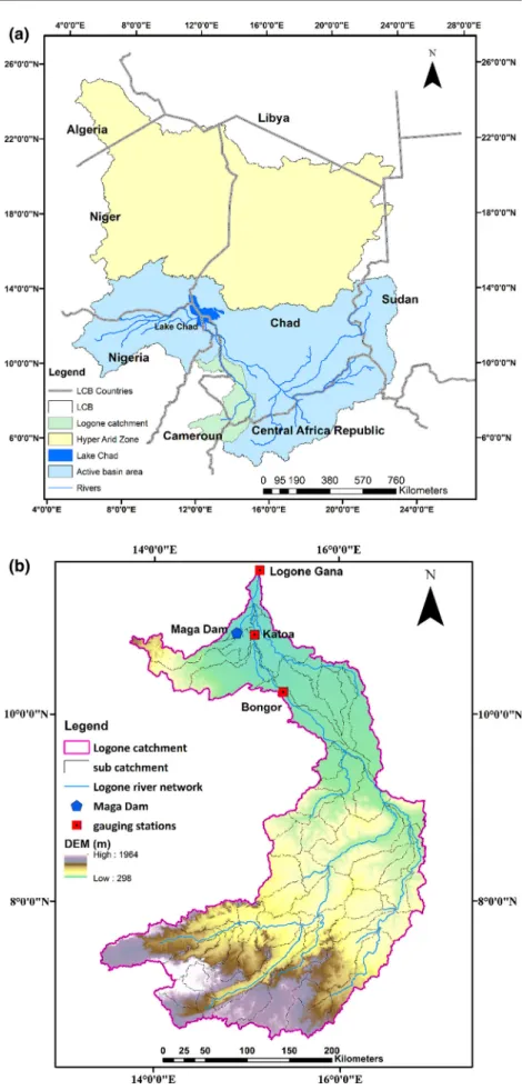 Fig. 1 Map of the study: Lake Chad basin showing the Logone catchment (a); and detailed map of the Logone catchment (b) digital elevation model (DEM) in metres