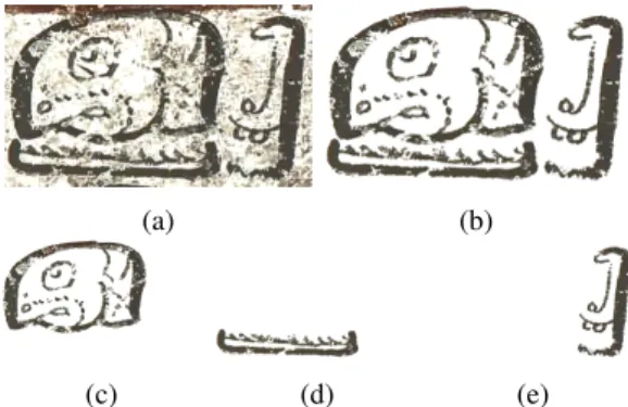 Fig. 3: The top row shows a cropped glyph-block (B1 from fifth page and second t’ol of the Dresden codex) and its cleaned image
