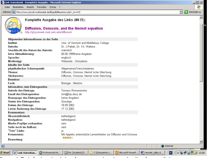 Figure 4: Detailed meta data of an example, also adaptive for medicine  Every author who uploaded a link to the archive is asked to fill in the additional  information as well