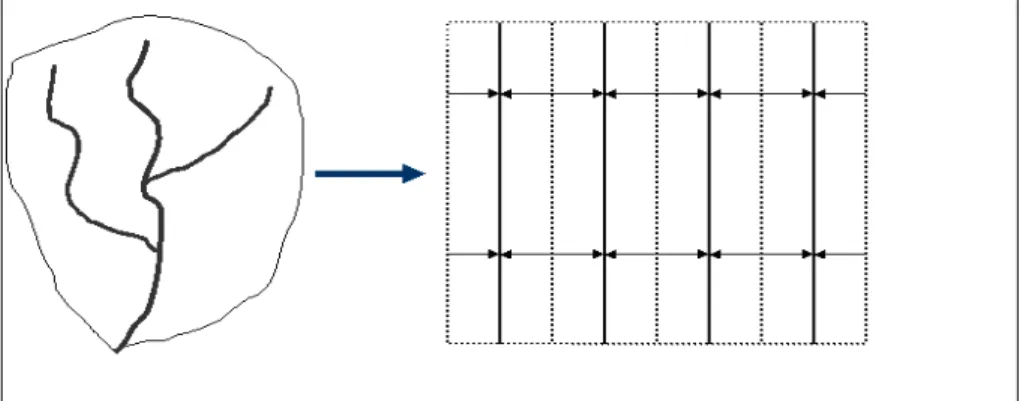Figure 4.5  Conceptual representation of drainage in the basin where the   channels are of unit length and DDENS of 4/sqrt (Area) (Solid lines   are  channels,  dashed  lines  are  drainage  divides  and  the  arrows  show drainage directions)