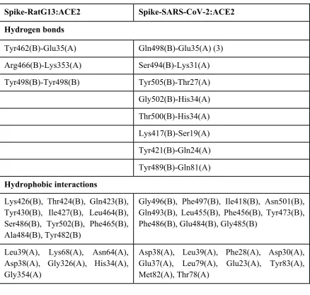Table S3. Post-MD protein-protein interactions between spike protein of SARS-CoV-2 (chain B) and RaTG13 (chain B) and host receptor ACE2 (chain A)