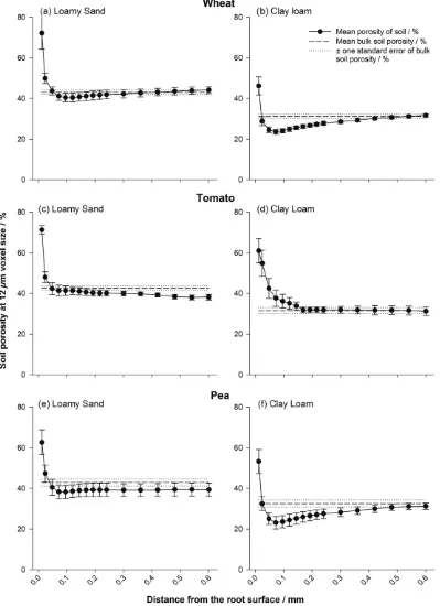 FIGURE 1Porosity distributions at a bulk density of 1.2 Mg m−3 for wheat (a,b), tomato (c,d), and pea (e,f) roots: (a,c,e) loamy sand and (b,d,f) clayloam soils, at isolated regions moving away from the root surface