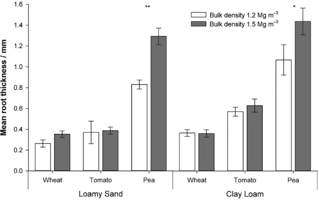 FIGURE 4Example root system architectures at a bulk density of 1.5 Mg m−3 for (a) tomato, (b) wheat, and (c) pea [Colour figure can be viewedat wileyonlinelibrary.com]