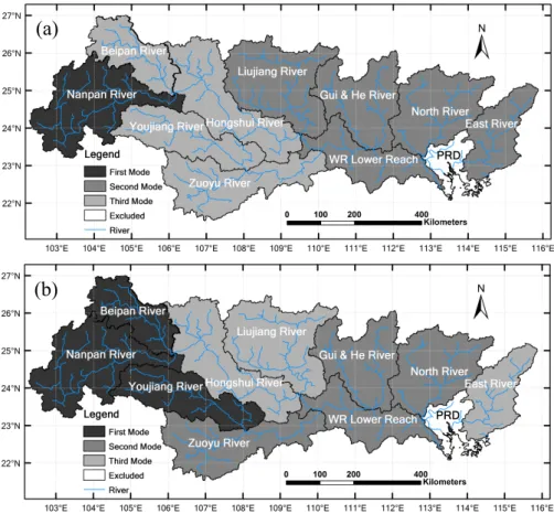 Fig. 4. (a) Spatial distribution of coherent modes (in Fig. 3) on global wavelet  spectrum of runoff