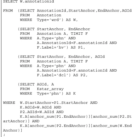 Figure 7: SQL query for query 1 with
�� array.