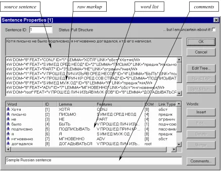 Fig. 1 presents the main dialog window for editing sentence properties. An operator can edit the markup directly in any text editor, or edit single properties using a graphical interface