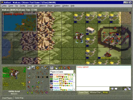 Figure 1 shows a 2D virtual world called  Artifact, the game is tile based as all of the avatars, buildings and geographical features are self contained within their own graphic that is then displayed on screen.