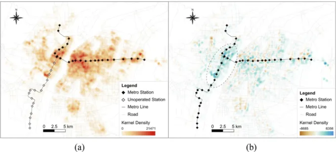 Fig. 8. (a) Probability density; and (b) accumulative probability of distance between dockless bike trip origin/destination and nearest new metro station in the two periods.