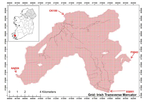 Figure 3. A 149 × 108 tile grid of the Upper Caragh, Owenroe, and Kealduff sub-catchments in Co
