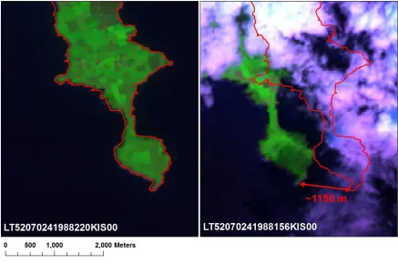 Figure 4. Examples of correct (left) and incorrect (right) geometric corrections found in Landsat Level-1 Terrain Corrected (L1T, https://landsat.usgs.gov/landsat-processing-details) scenes of Downmacpatrick, Co