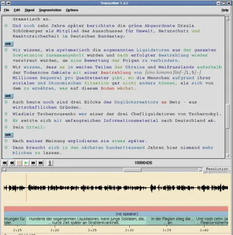 Figure 2: Result of automatic transcription displayed in modiﬁed transcriber tool.