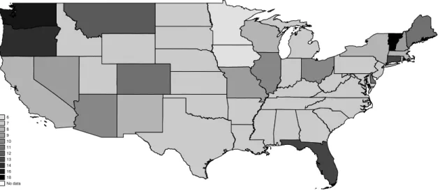 Figure 1. Frequency of minimum wages per state. Includes changes due to federal and state-level legislation