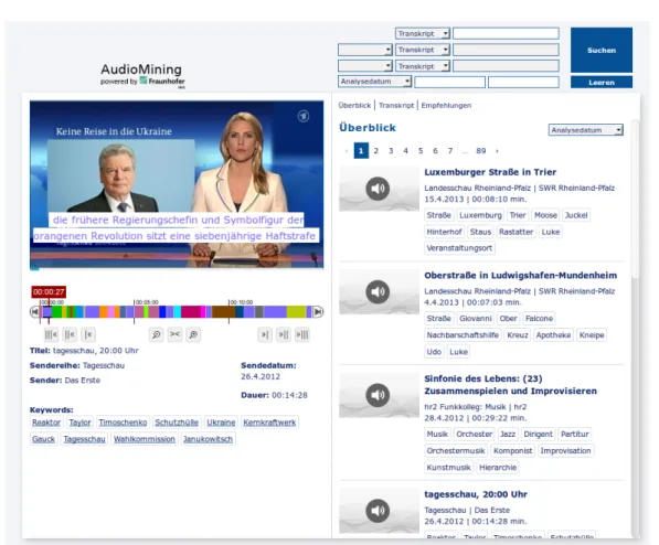 Figure 4.3: Graphical Web User Interface of the Fraunhofer IAIS Audio Mining system shows