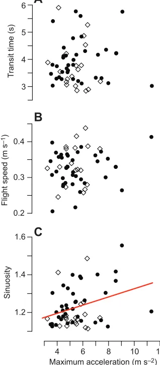 Fig. 5. Effect of maximum acceleration on flight performance acrosstrials in the flight tunnels.data are shown versus maximum acceleration for the vertical flight tunnel (filledcircles) and horizontal flight tunnel (open diamonds)
