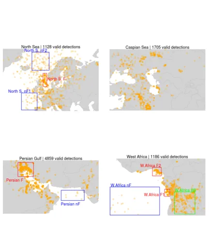 Figure 7. Maps of the valid detections within the test regions. The rectangles represent the 9 studyareas (red for ﬂaring, green for biomass burning, blue for non-ﬂaring)