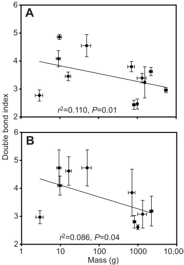 Fig. 1. Relationship between the double bond index of membranephospholipids and body mass of cypriniform species