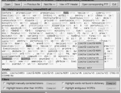 Figure 4: Manual intervention window (tagging/diacritics restoration)
