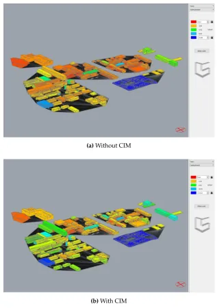 Figure 8. Map of the cooling demand for the EPFL campus for 2099 (a) Without CIM and (b) With CIM.