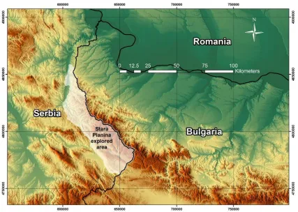 Figure 1. Form of Stara Planina and schematic representation of its extension into Bulgaria (whitish)