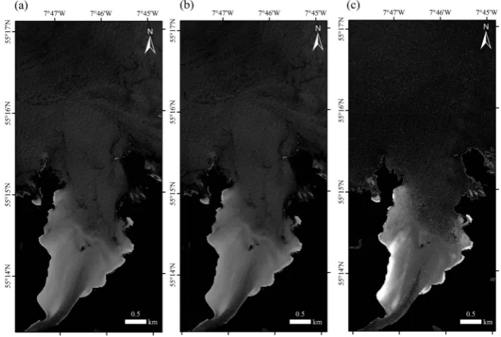 Figure 3. Sentinel-2A data (Band 3) over Mulroy Bay on the 23 July 2017 (MB3) (a) Original image.No atmospheric correction (b) Atmospheric correction using ACOLITE (c) Atmospheric correctionusing C2RCC.