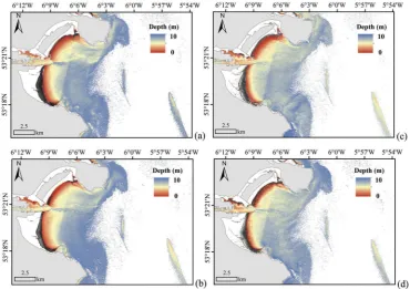 Table 4. R2, RMSE, and Bias between measured water depths and satellite modelled depths for theLinear Band Model (LBM) and the Log-transformed Band Ratio Model (BRM) at diﬀerent depthranges in Dublin Bay (DB)