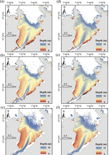 Figure 6. Bathymetric maps derived for Mulroy Bay using: (a) Linear Band Model (LBM) for theimage registered on the 4 May 2017 (MB1) (b) LBM for the image registered on the 20 June 2017(MB2) (c) LBM for the image registered on the 23 July 2017 (MB3) (d) Lo