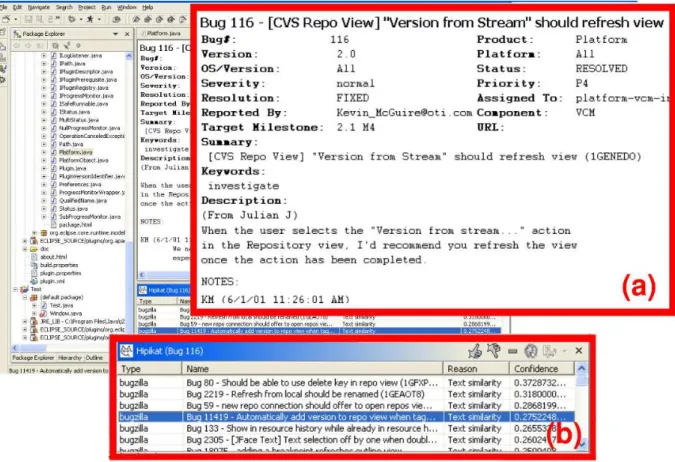 Figure 2: A screenshot of Hipikat being used within Eclipse IDE during the change task case study