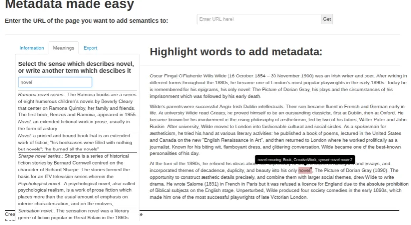 Figure 4. The highlighted word is disambiguated by the panel on the left. The WordNet synset ismapped to the closest schema.org type and SUMO concept, and the metadata is added to the HTMLsource code.