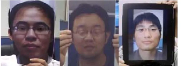 Figure 5. Different fake face attacks: left, attacker hides behind the cut photo and blink;(2)middle, another intact photo is up-down moved behind the cut one;(3)right, is the video attack.