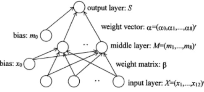Fig. 4. Representation scheme of a three-layer feed forward neural network 