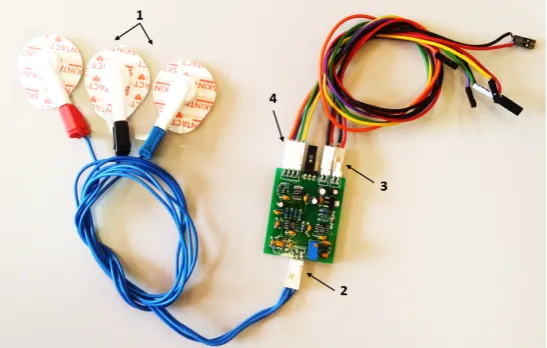 Figure 3. Surface electromyography (sEMG) circuit with two channels and the electrodes: 1—electrodes,2—electrode connector, 3—connectors for power supply (5 V and GND ), 4—connector for SerialPeripheral Interface (SPI) communication.