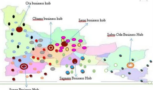 Figure 1. Location of six business hubs across the study area  
