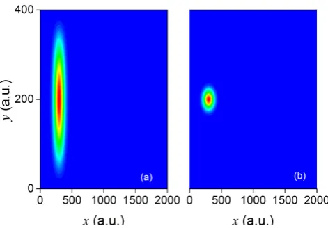 Figure 2.Panels (a) and (b) represent the probability densitywavefunctions in Equations |Ψ(x, y, 0)|2, associated to the 19 and 20 respectively