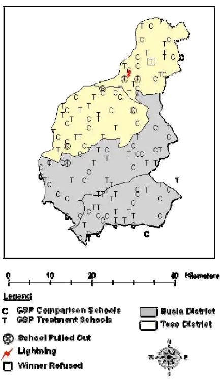 Figure 1: Map of Busia district and Teso district, Kenya,  with location of Girls Scholarship Program Schools