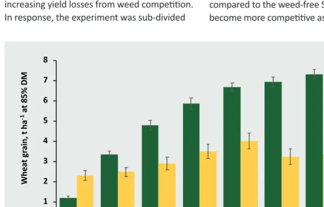 Fig. 5 Broadbalk; mean yields of grain, 1985-2014; where wheat was grown continuously or with occasional fallows, without herbicides (section 8; yellow histograms) or with herbicides (section 9; green histograms).