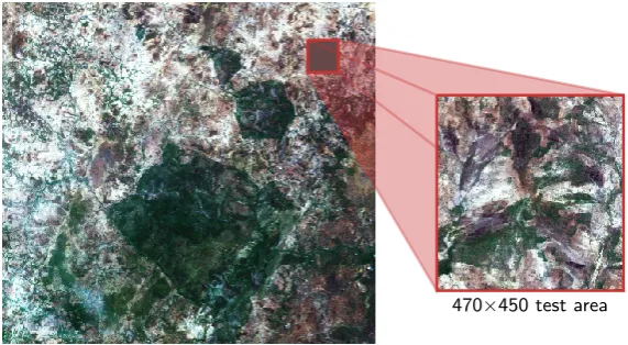 Figure 2. RGB false-color representation of the 5253×4797 S2-Koumbia dataset (May 15th, 2016), witha zoom on the area selected for testing.