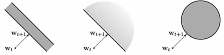 Figure 2.3. An illustration of the update: w t+1 is found by projecting the current vector w t onto the set of vectors attaining a zero loss