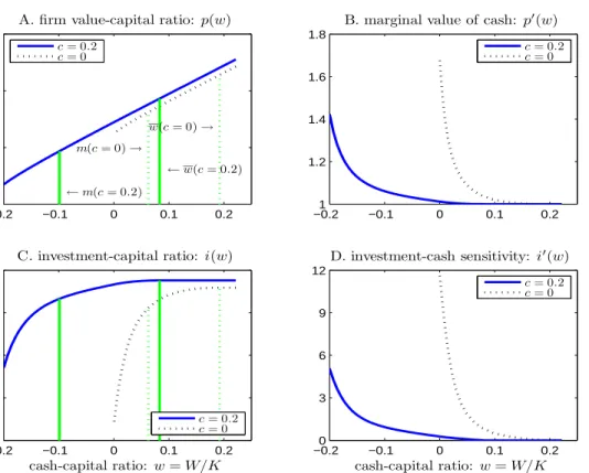 Figure 7: Credit line. This figure plots the model solution with credit line and external equity