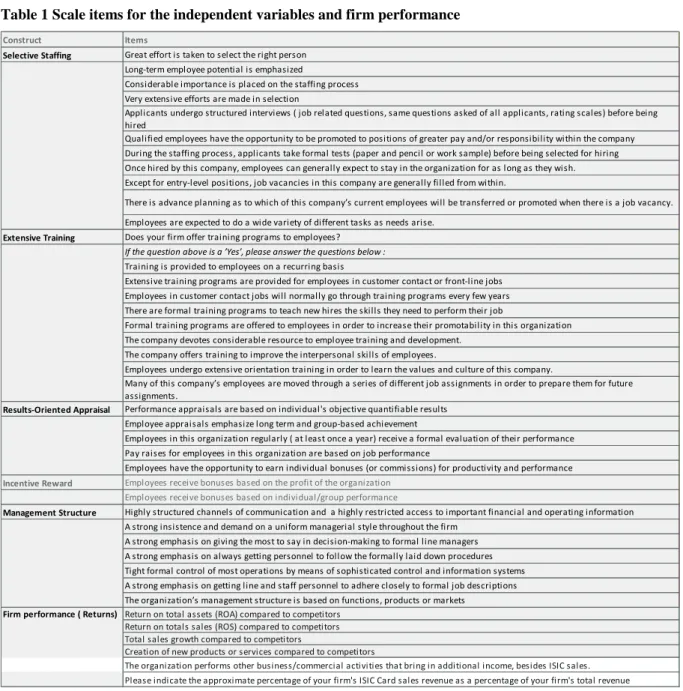 Table 1 Scale items for the independent variables and firm performance 