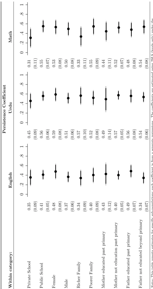 TABLE 10.PERSISTENCE COEFFICIENT HETEROGENEITY ACROSS SCHOOL,CHILD AND HOUSEHOLD CHARACTERISTICSTABLE 10.PERSISTENCE COEFFICIENT HETEROGENEITY ACROSS SCHOOL,CHILD AND HOUSEHOLD CHARACTERISTICSTABLE 10.PERSISTENCE COEFFICIENT HETEROGENEITY ACROSS SCHOOL,CHI