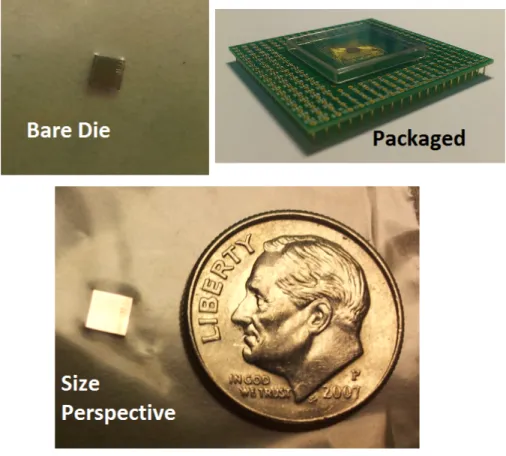Figure 2.7: Bare and packaged test chip die. The bare die is shown next to a dime for size comparison.