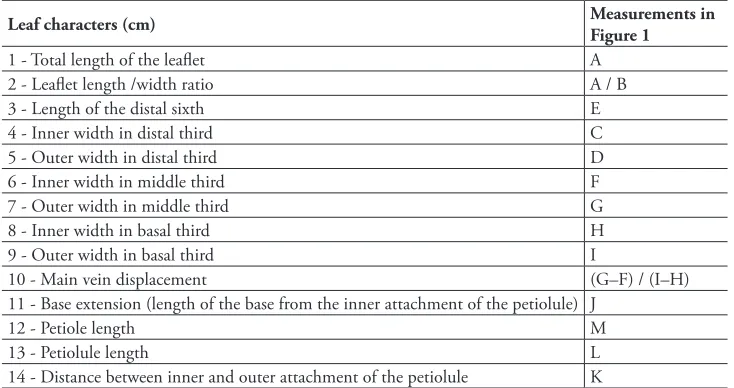 Table 1. List of the quantitative leaf characters in specimens of the Hymenaea courbaril complex