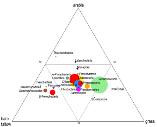 Figure 2 Ternary plot showing the overall relative abundance indicated by the size of the bubbles for prokaryotic phyla (subphyla for Proteobacteria) in three differently managed soils